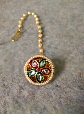 Designer classic kundan pearl stone maang tikka or borla headpiece for wedding 3