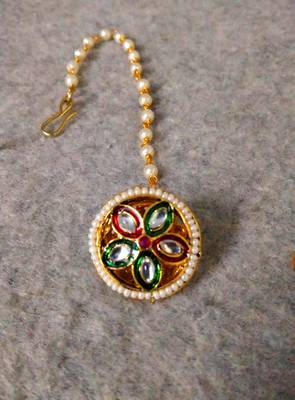 Designer classic kundan pearl stone maang tikka or borla headpiece for wedding 3
