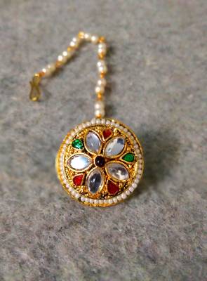 Designer classic kundan pearl stone maang tikka or borla headpiece for wedding 1