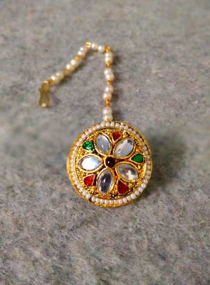 Designer classic kundan pearl stone maang tikka or borla headpiece for wedding 3