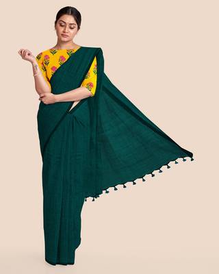 Mercerized Handloom Cotton Saree (Dark Teal green) 1