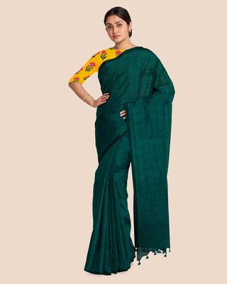 Mercerized Handloom Cotton Saree (Dark Teal green) 3