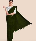 Mercerized Handloom Cotton Saree (Dark moss green)