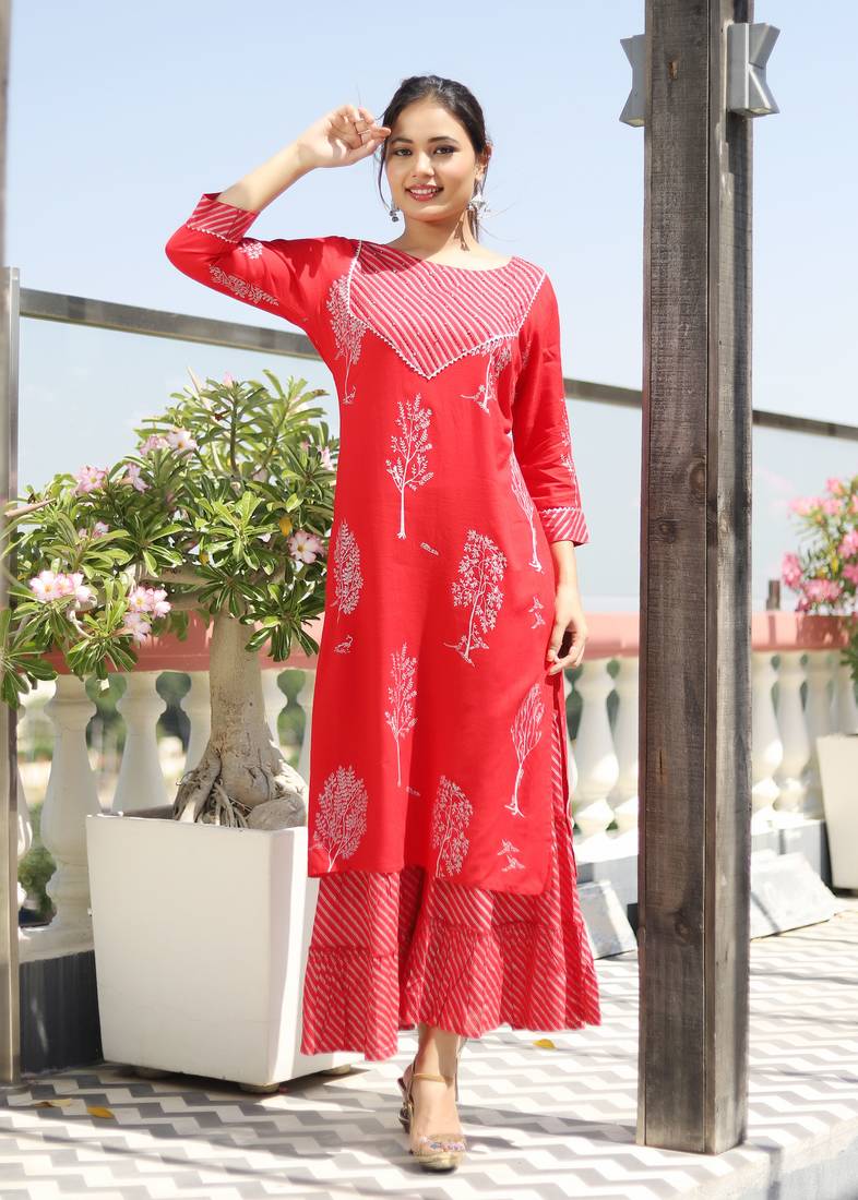 Red printed rayon kurta-sets
