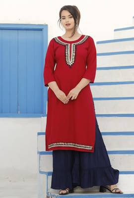 Red embroidered rayon kurta-sets 1