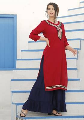 Red embroidered rayon kurta-sets 2