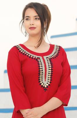 Red embroidered rayon kurta-sets 4