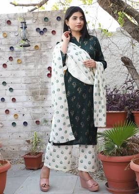 Dark-green printed rayon kurta-sets 1