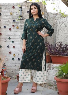 Dark-green printed rayon kurta-sets 2
