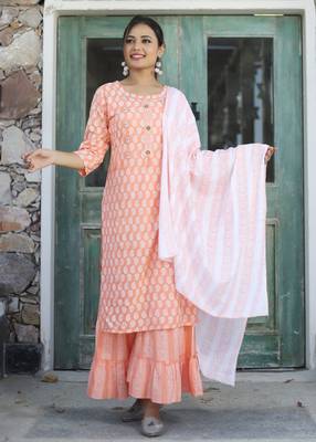 Peach printed rayon kurta-sets 1