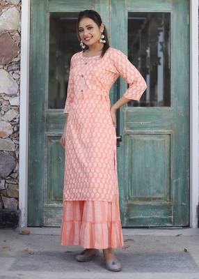 Peach printed rayon kurta-sets 2