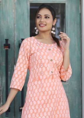 Peach printed rayon kurta-sets 4