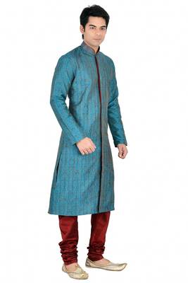 Blue Self Design Jacquard Kurta Payjama 3