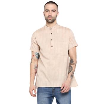 Beige woven cotton men-kurtas 1