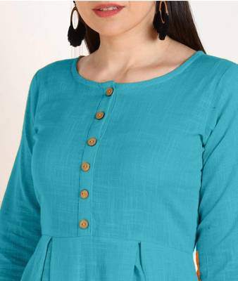 Sky Blue Cotton Plain Ethnic Kurtis 5
