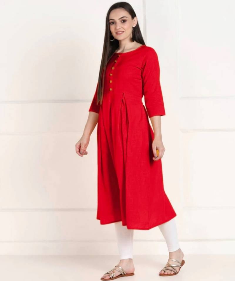 Red Cotton Plain Ethnic Kurtis