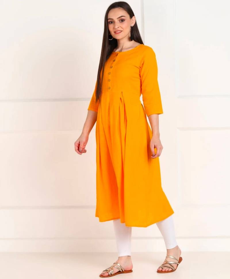 Yellow Cotton Plain Ethnic Kurtis