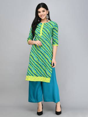 Myshka Women's Green Cotton 3/4 Sleeve Round Neck Printed Casual Kurta 1