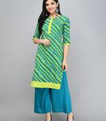 Myshka Women's Green Cotton 3/4 Sleeve Round Neck Printed Casual Kurta