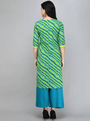 Myshka Women's Green Cotton 3/4 Sleeve Round Neck Printed Casual Kurta 2