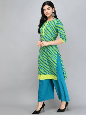 Myshka Women's Green Cotton 3/4 Sleeve Round Neck Printed Casual Kurta 3