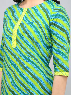 Myshka Women's Green Cotton 3/4 Sleeve Round Neck Printed Casual Kurta 4