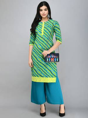 Myshka Women's Green Cotton 3/4 Sleeve Round Neck Printed Casual Kurta 5