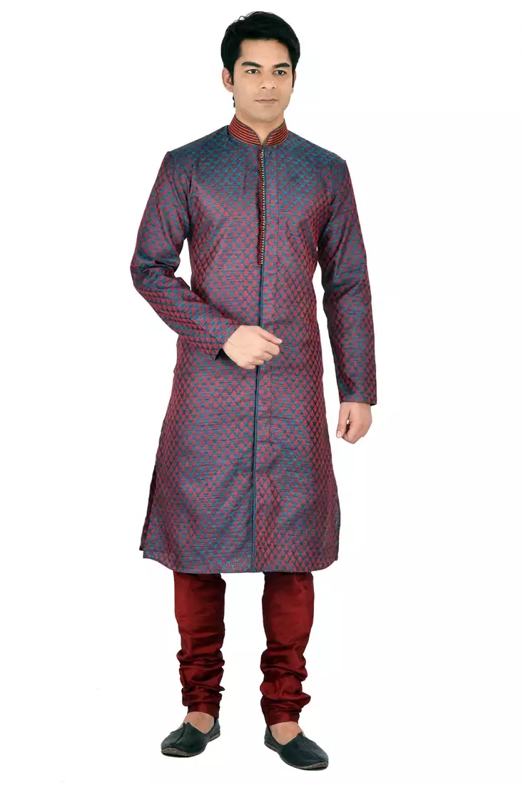 BLUE SELF DESIGN JACQUARD KURTA PAYJAMA