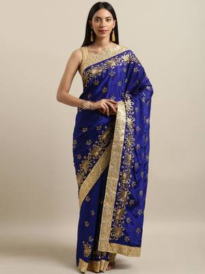 Navy blue embroidered satin saree with blouse 1