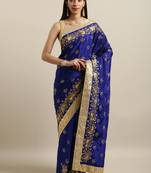 Navy blue embroidered satin saree with blouse