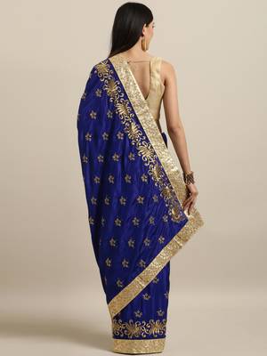 Navy blue embroidered satin saree with blouse 2