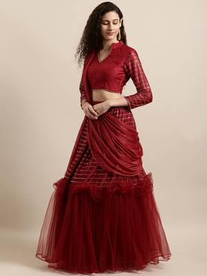 Maroon plain net saree with blouse 1