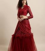 Maroon plain net saree with blouse