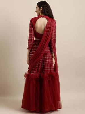 Maroon plain net saree with blouse 2