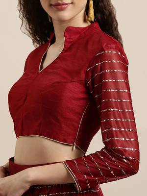 Maroon plain net saree with blouse 3