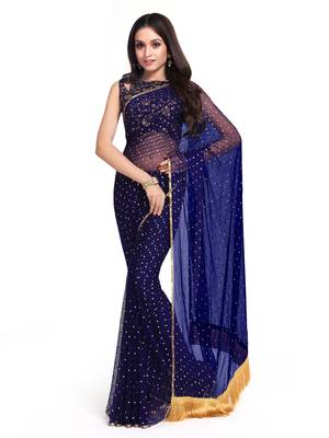 Blue printed georgette saree with blouse 1