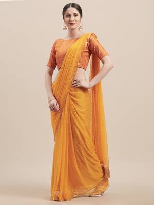 Yellow printed georgette saree with blouse 1