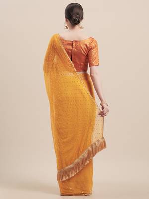 Yellow printed georgette saree with blouse 2