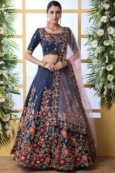 Navy Blue Art Silk Embroidered Bridal Lehengas