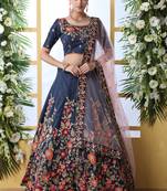 Navy Blue Art Silk Embroidered Bridal Lehengas