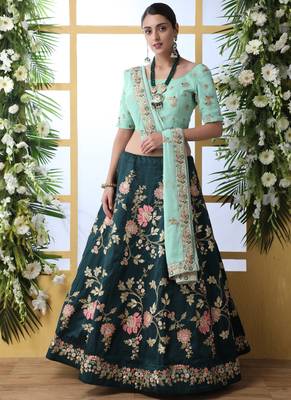 Dark Teal Art Silk Embroidered Bridal Lehengas 1