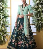 Dark Teal Art Silk Embroidered Bridal Lehengas