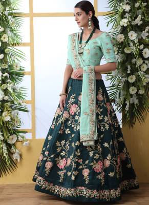 Dark Teal Art Silk Embroidered Bridal Lehengas 2