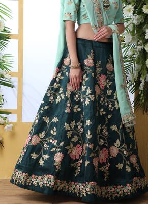 Dark Teal Art Silk Embroidered Bridal Lehengas 3