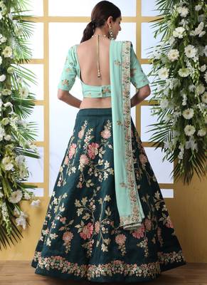 Dark Teal Art Silk Embroidered Bridal Lehengas 4