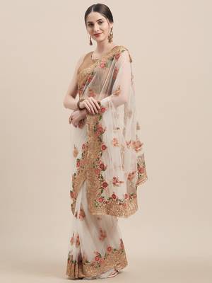 White embroidered net saree with blouse 1