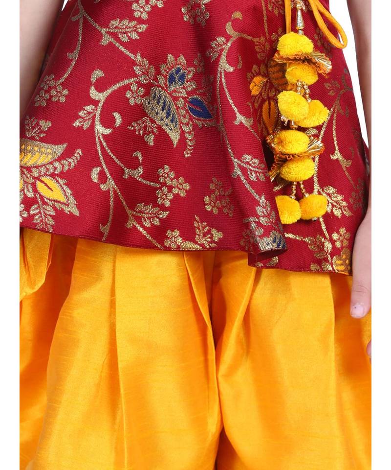 BownBee Jacquard Sleeveless Pelum With Silk Dhoti- Maroon