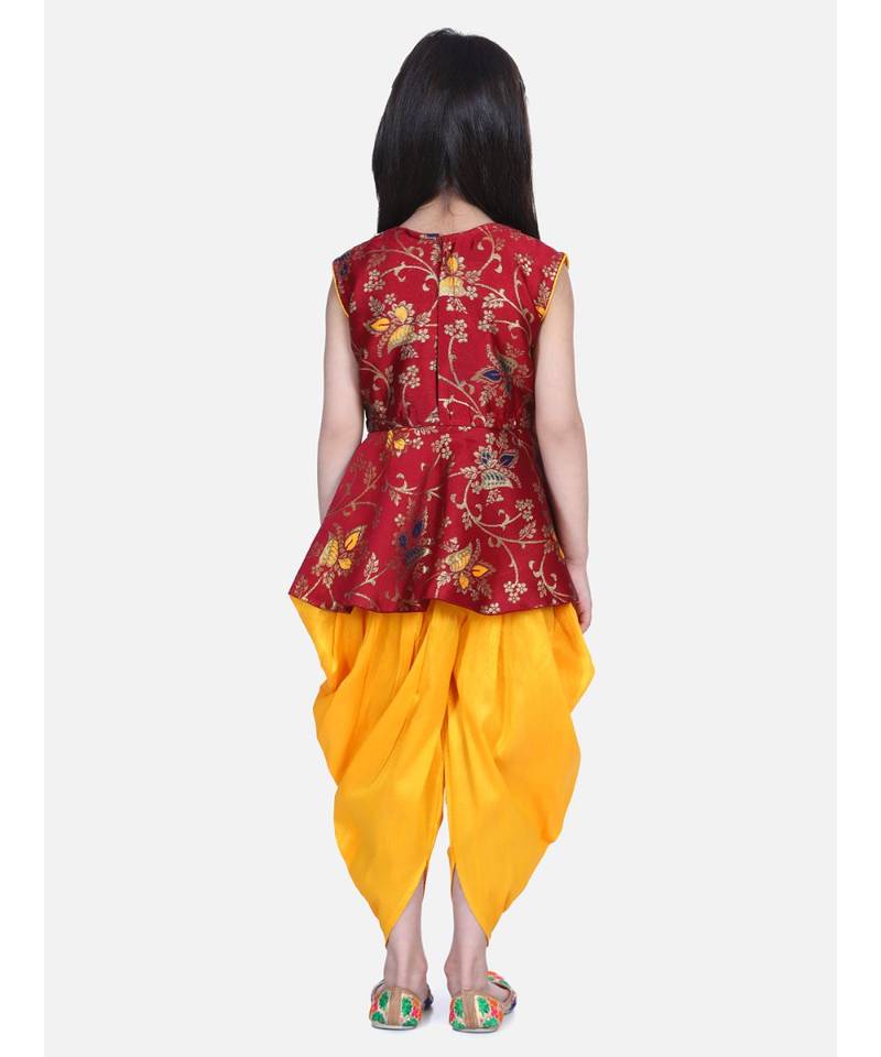BownBee Jacquard Sleeveless Pelum With Silk Dhoti- Maroon