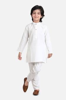 BownBee Stand Collar Cotton Kurta pajama-White