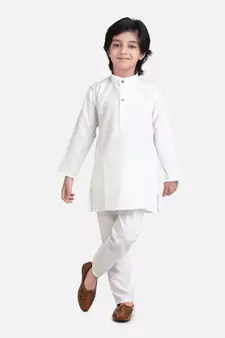 BownBee Stand Collar Cotton Kurta pajama-White